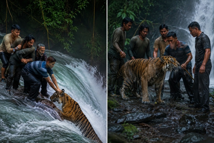 Invånarna i byn såg en enorm tiger hänga på en klippa nära vattenfallet och skyndade sig för att hjälpa den, utan att ens ana vad tigern skulle göra efter räddningen