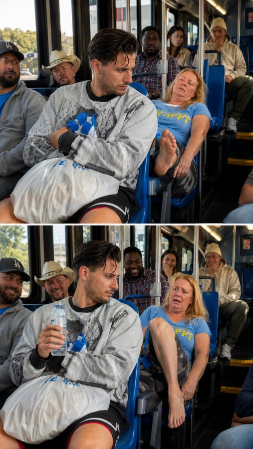 På bussen bestämde sig en kvinna för att hon kunde göra precis vad hon ville och lade sin smutsiga fot direkt på mitt armstöd. Jag bad henne flera gånger att ta bort foten, men hon låtsades bara sova. Till slut blev jag tvungen att ge henne en läxa som hon aldrig kommer att glömma